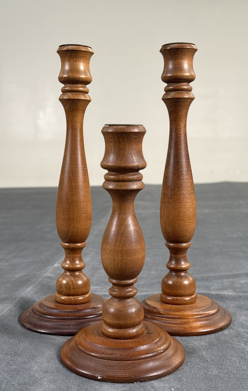 Vintage Hand Turned Wood & Brass Taper Candlestick Holders 7.5" & 10.5" Charity